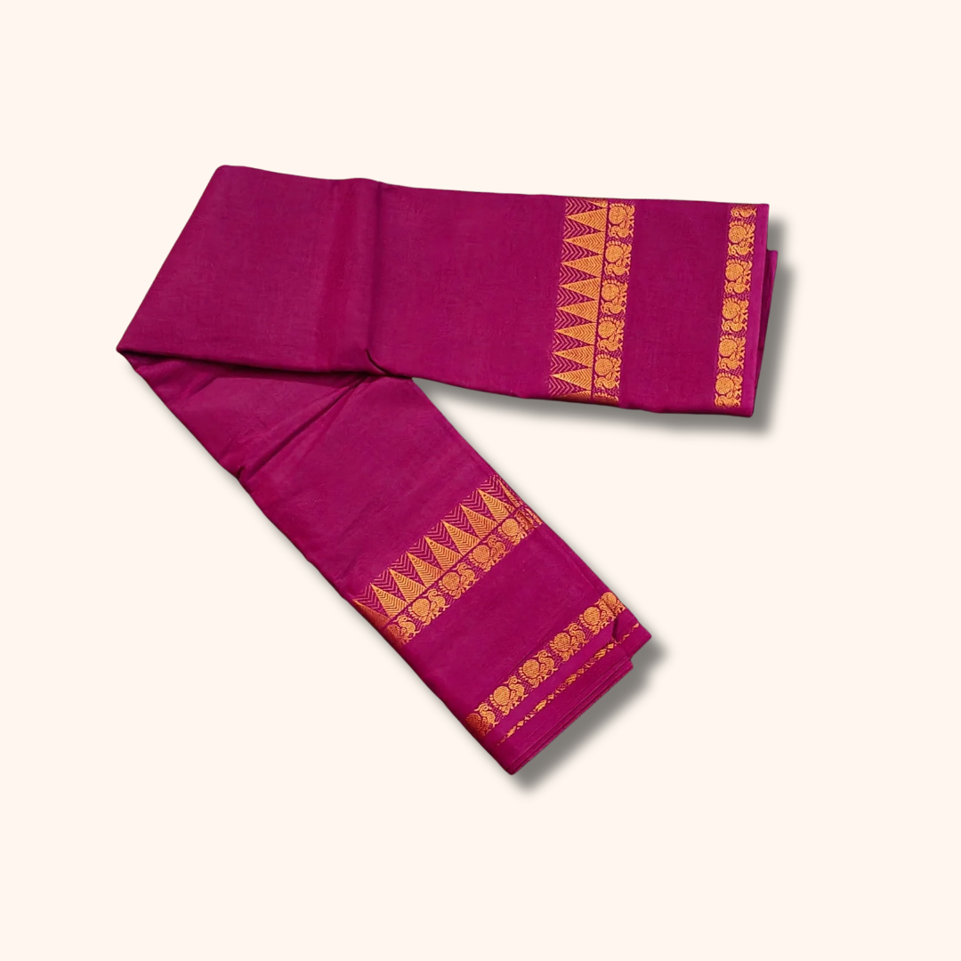 Wine Pink Pure Cotton Saree with Traditional Zari Border – Running Blouse