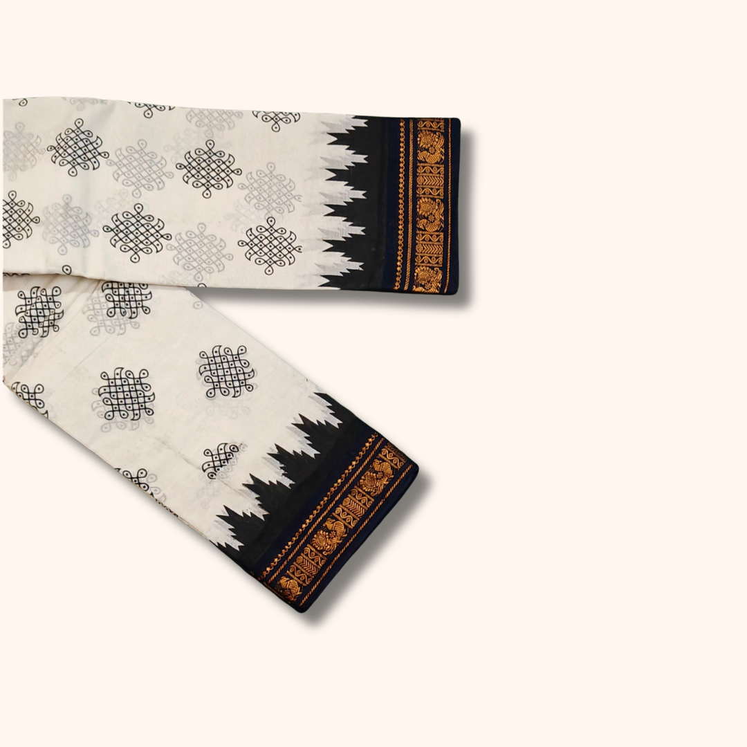 White & Black Kolam Temple Border Sungudi Cotton Saree