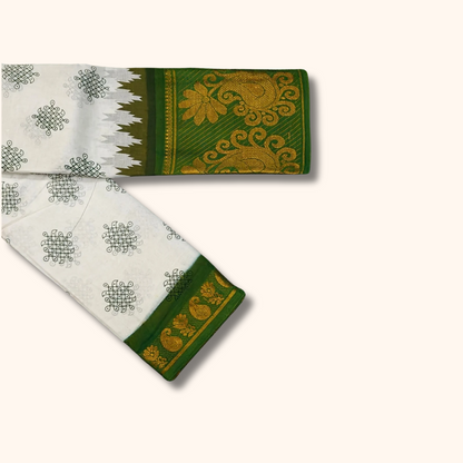 White & Bottle Green Traditional Sungudi Cotton Saree with Designer Green Zari Border