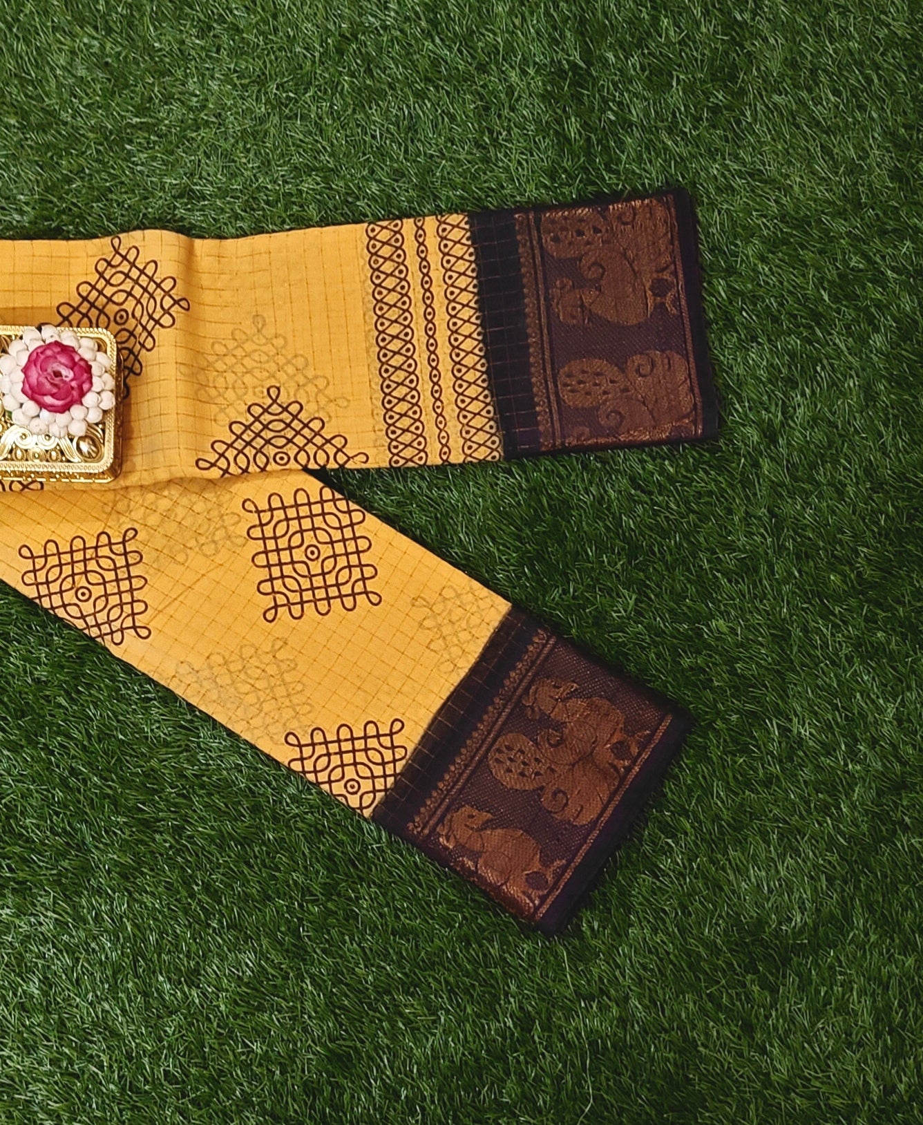 Attractive Mustard Yellow Kolam Design Sungudi Cotton Saree with Chocolate Brown Zari Border