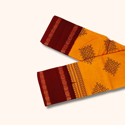 Mustard Yellow Kolam Cotton Saree with Maroon Zari Border – Running Blouse