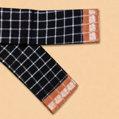 Dark Ink Blue Pavithra Kattam Cotton Saree with Silver Checks & Peach Elephant Border