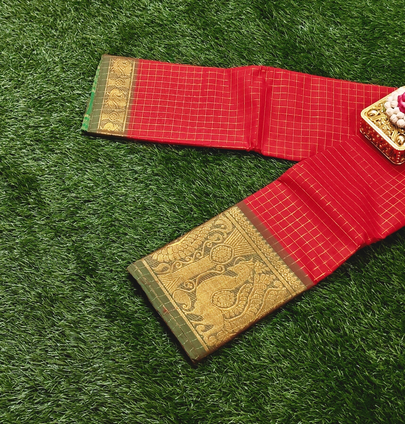 Authentic Red Checked Chettinad Cotton Saree with Peacock Zari Border