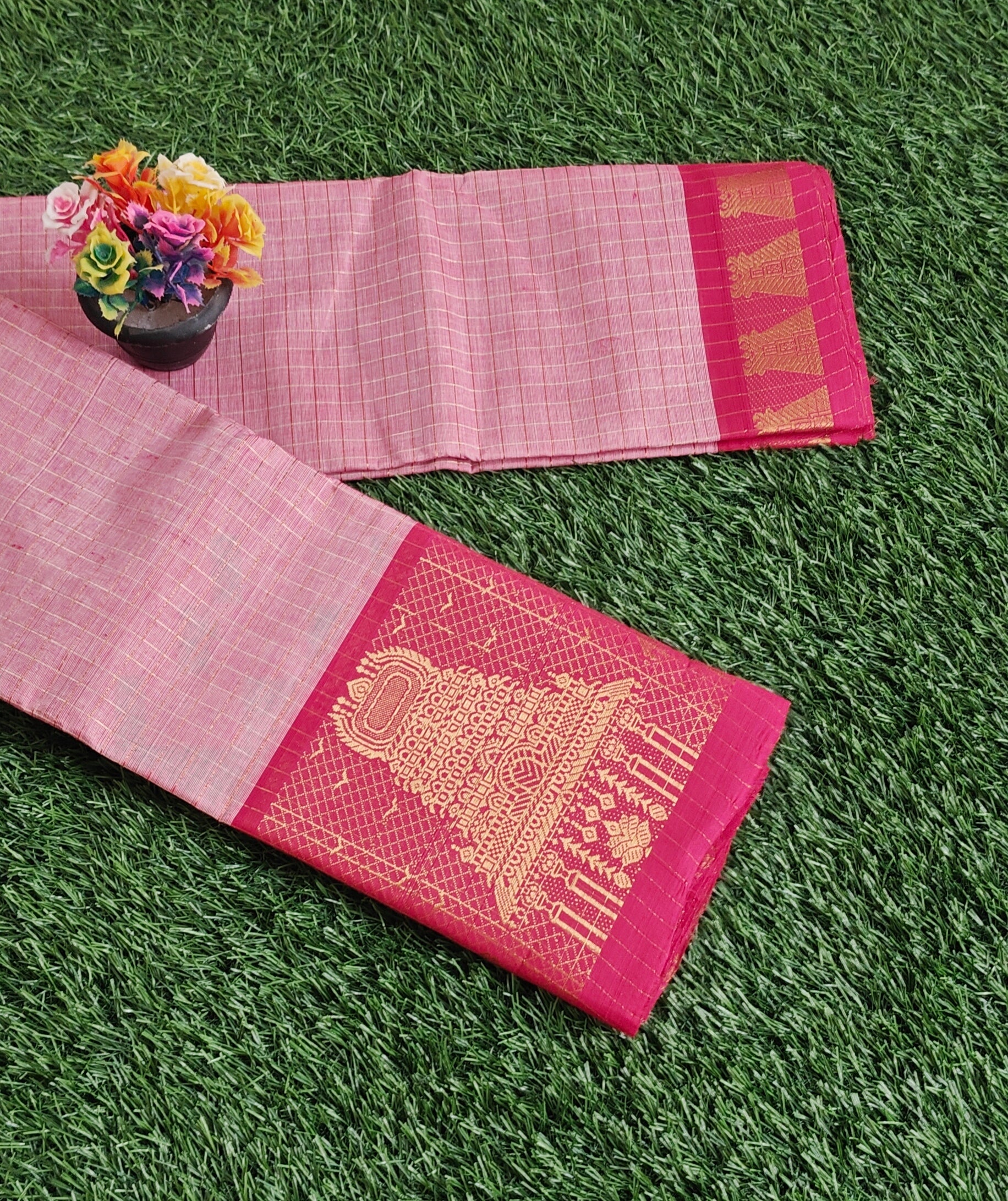 Chettinad Cotton Saree with Meenakshi Gopuram Border – Baby Pink with Red Temple Border