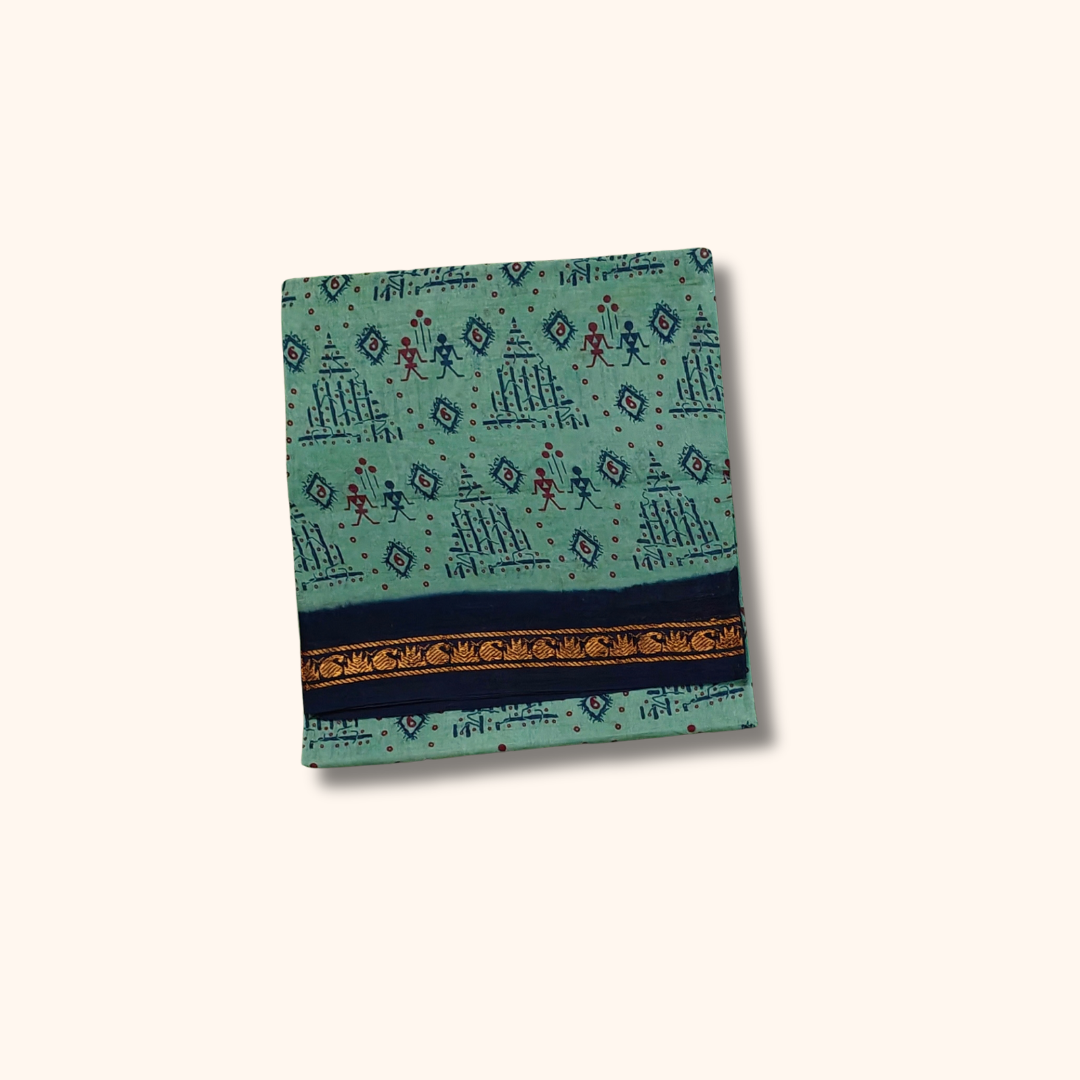 Mint Green Pure Sungudi Cotton Saree with Traditional Folk Motifs & Navy Blue Border – No Blouse