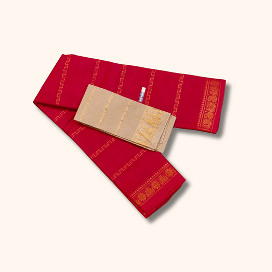 Red Cotton Saree with Gold Zari Geometric & Floral Border – Separate Blouse