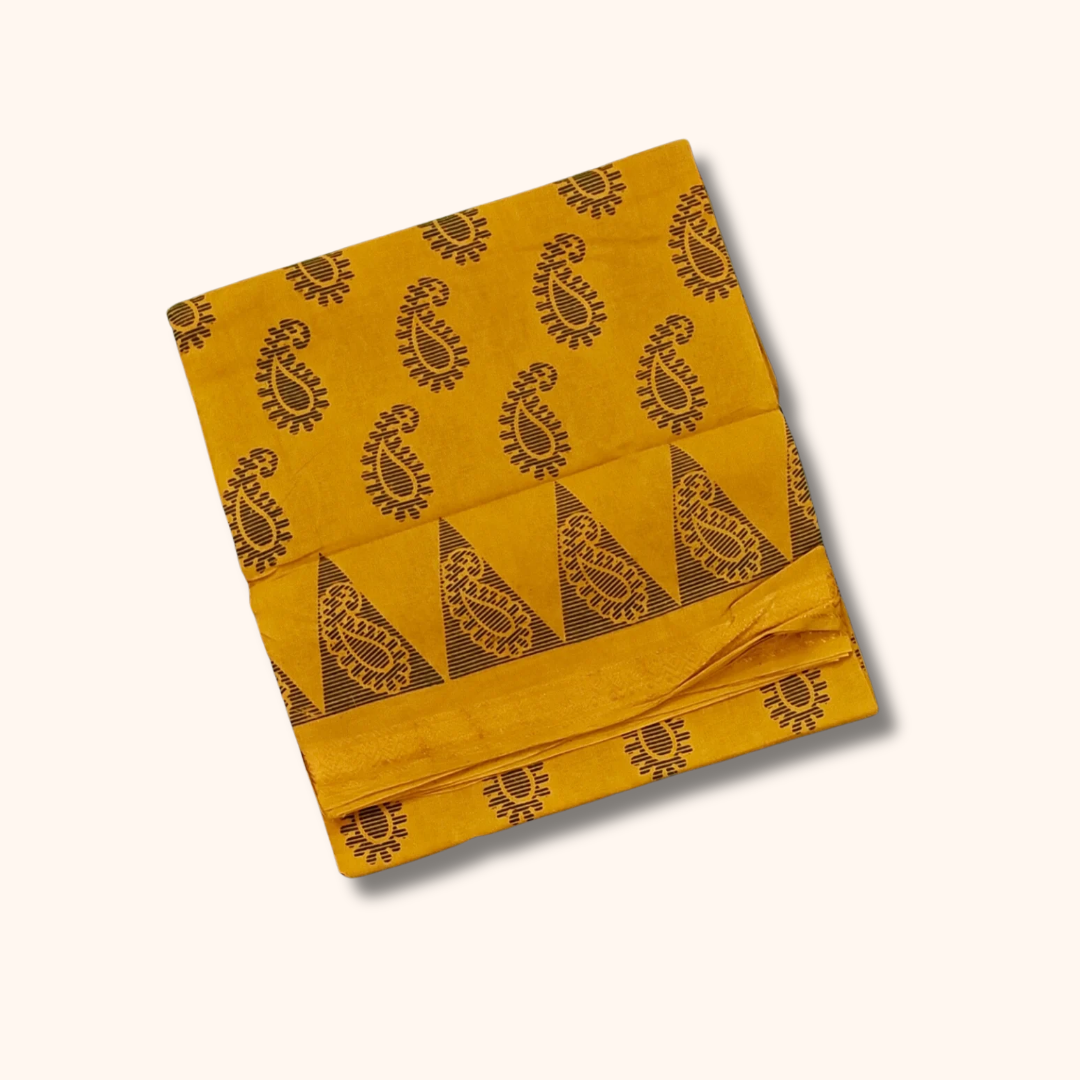 Mustard Yellow Cotton Saree – Traditional Paisley Print with Elegant Border