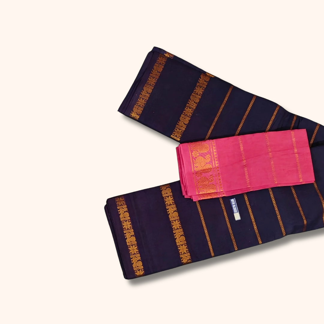 Navy Blue Pure Sungudi Cotton Saree with Gold Zari Stripes & Pink Blouse Piece