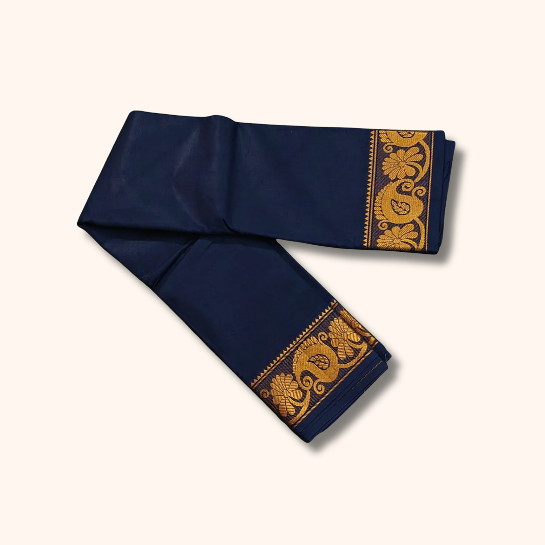 Navy Blue Pure Cotton Saree with Floral Zari Border – Running Blouse