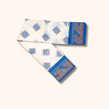 White Peacock Border Sungudi Cotton Saree with Royal Blue Border