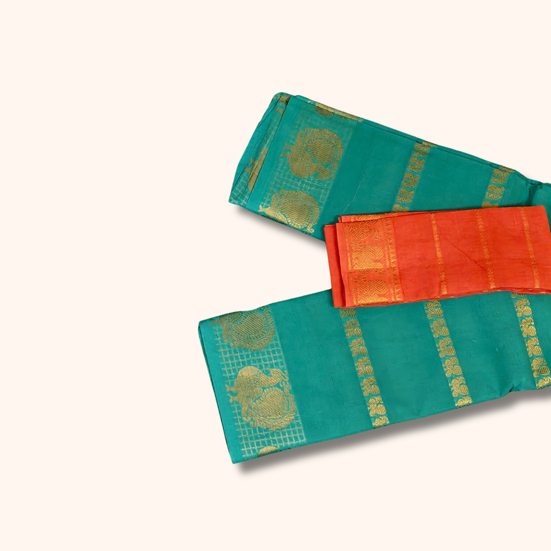 Teal Green Cotton Saree with Gold Zari Stripes & Peacock Border – Separate Coral Orange Blouse Piece