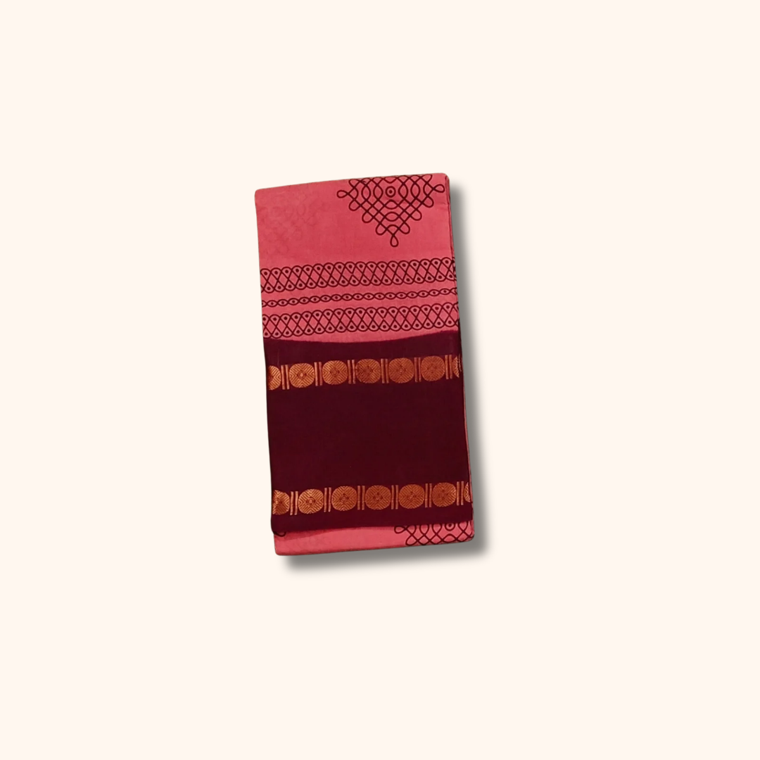 Rose Pink & Maroon Kolam Cotton Saree with Running Blouse