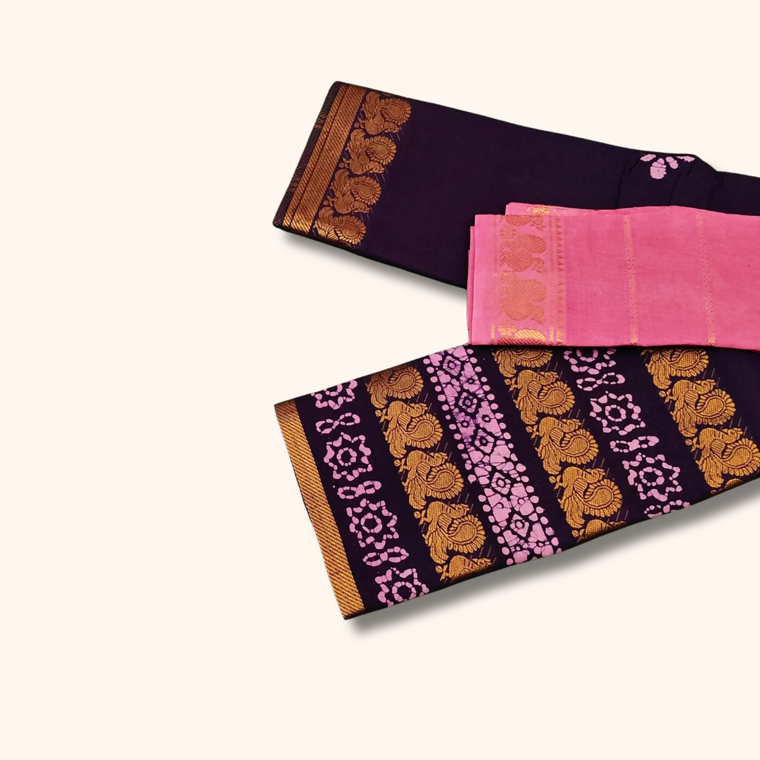 Deep Plum Batik Cotton Saree with Pink Separate Blouse Piece