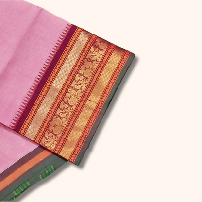 Baby Pink Cotton Saree with Traditional Zari Border