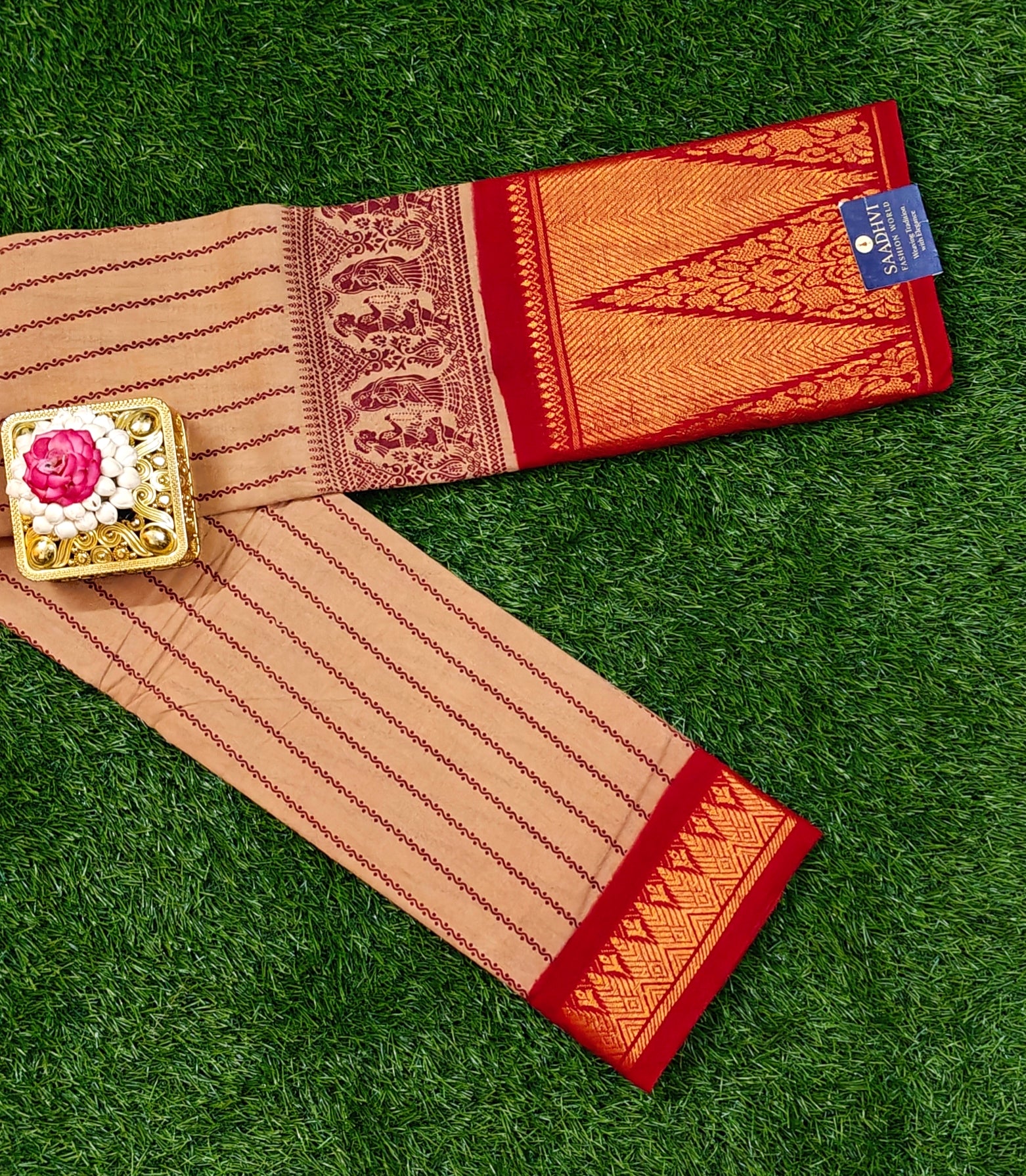 Beige Sungudi Cotton Saree with Rich Maroon Border