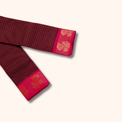 Maroon Chettinad Cotton Saree with Pink Floral Zari Border