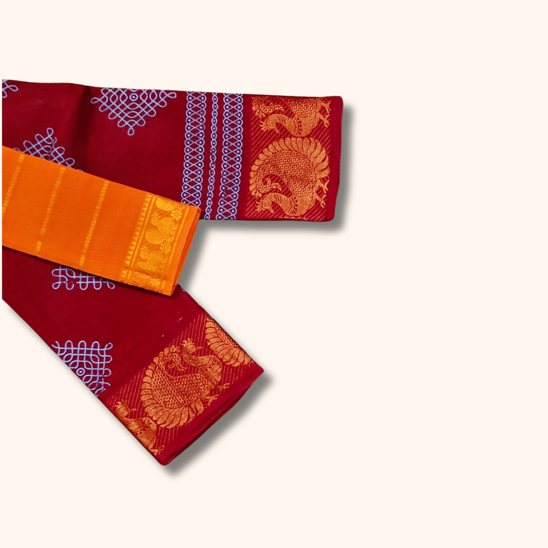 Ruby Red Sungudi Cotton Saree with White Kolam Print & Peacock Border