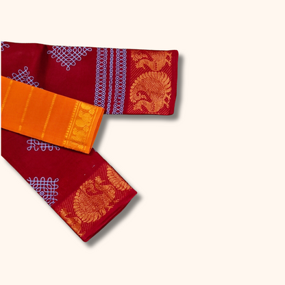 Ruby Red Sungudi Cotton Saree with White Kolam Print & Peacock Border