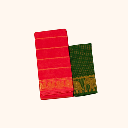 Red Sungudi Cotton Saree with Bottle Green Contrast Blouse & Elephant Zari Border