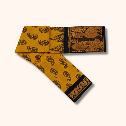 Mustard Paisley Print Cotton Saree with Black Peacock Border