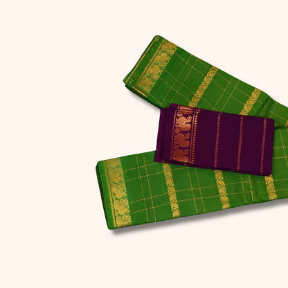 Green Cotton Saree with Gold Zari Checks & Peacock Border – Purple Blouse Piece