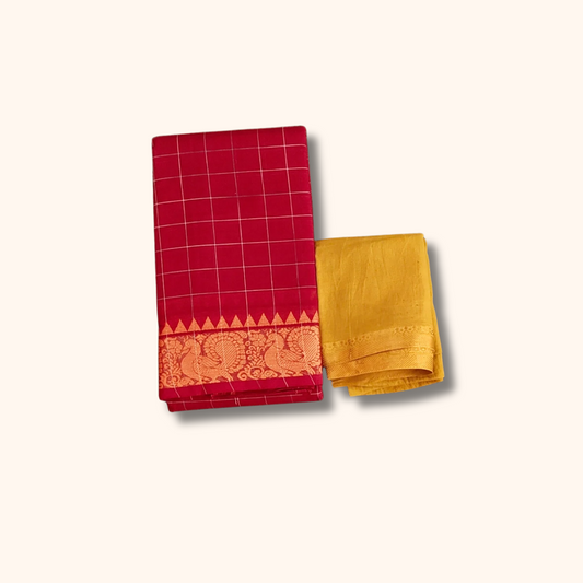 Red Checked Chettinad Cotton Saree with Mustard Blouse Piece