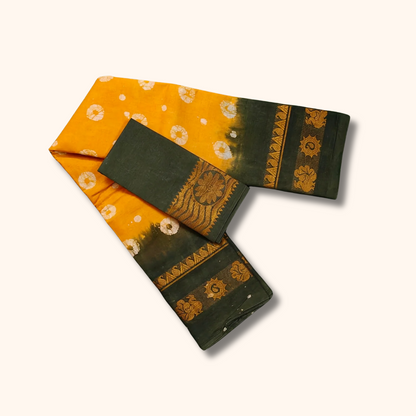 Mustard Yellow & Dark Green Pure Cotton Saree with Floral Zari Border – Running Blouse