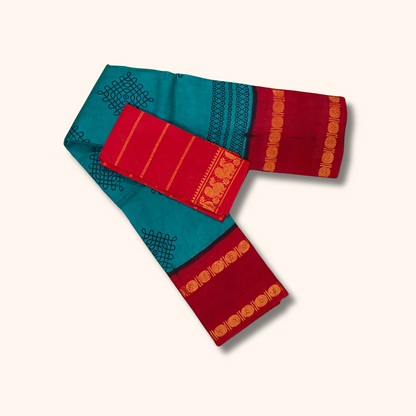 Peacock Blue Sungudi Kolam Saree with Contrast Red Blouse