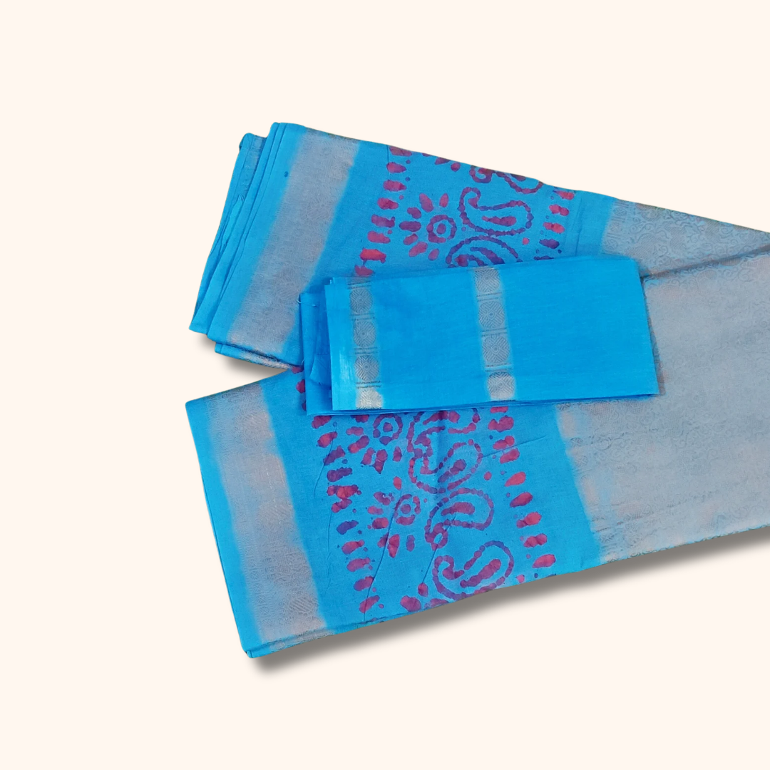 Sky Blue Batik Design Sungudi Cotton Saree with Traditional Zari Border & Separate Blouse Piece