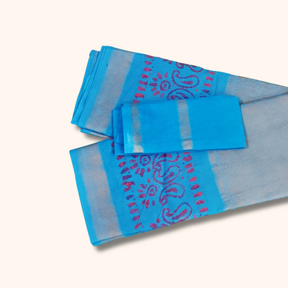 Sky Blue Batik Design Sungudi Cotton Saree with Traditional Zari Border & Separate Blouse Piece