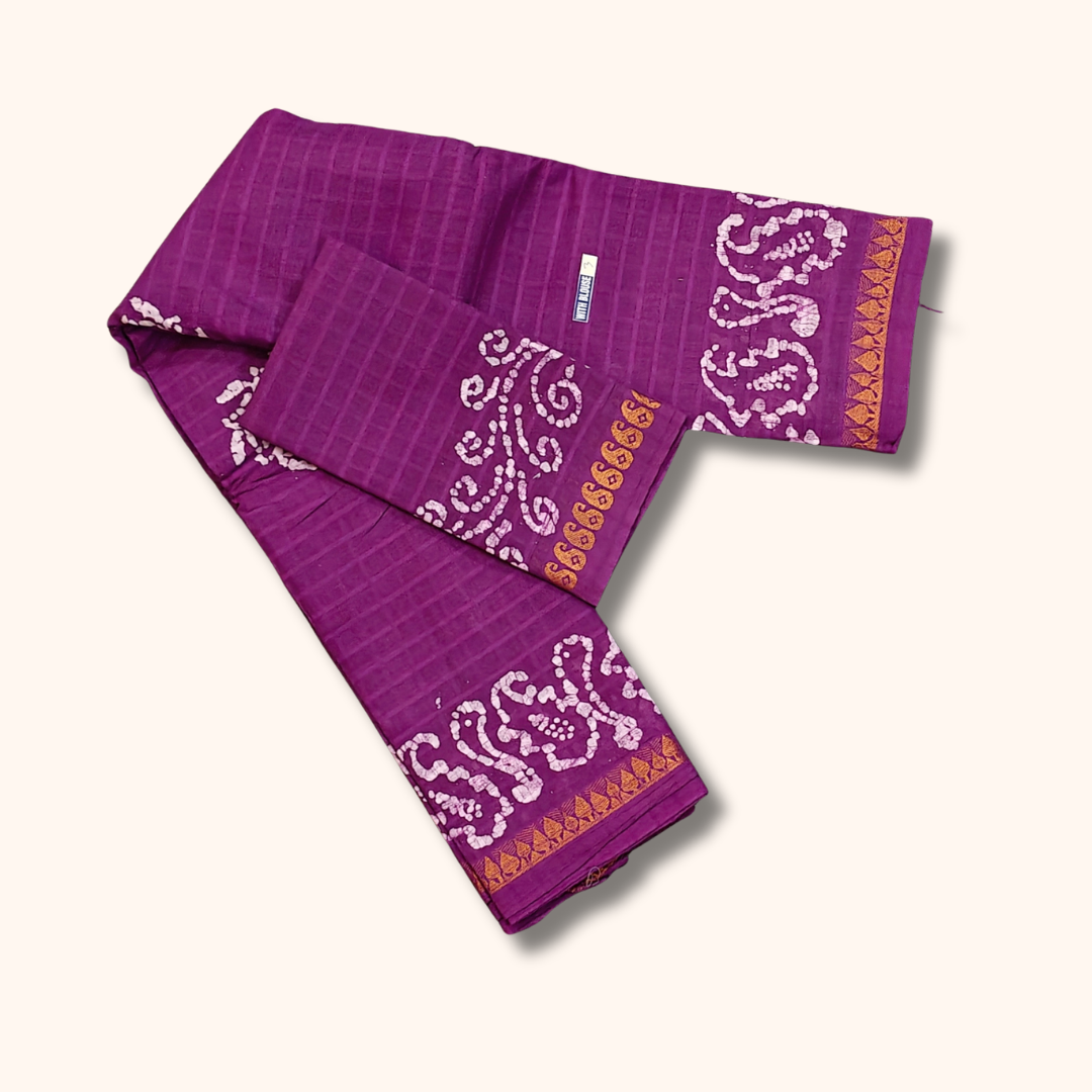 Magenta Purple Batik Print with Separate Blouse Piece Sungudi Cotton Saree