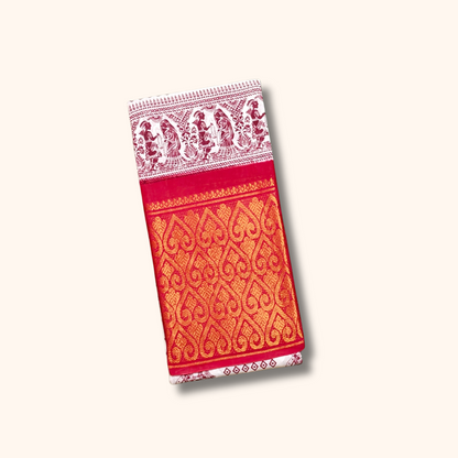 Elegant White Sungudi Saree with Heritage Motif Print