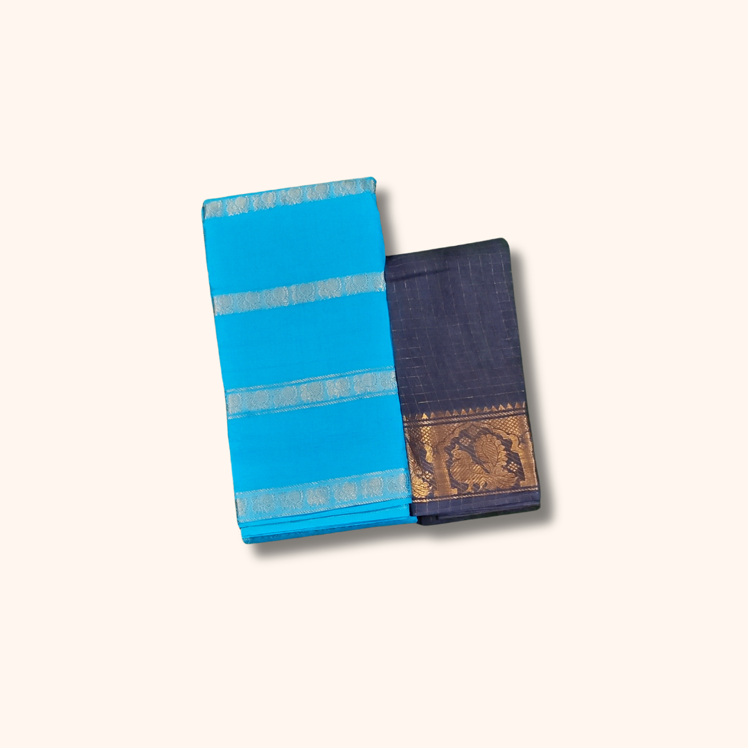 Sky Blue Cotton Saree with Silver Zari Stripes & Separate Blouse