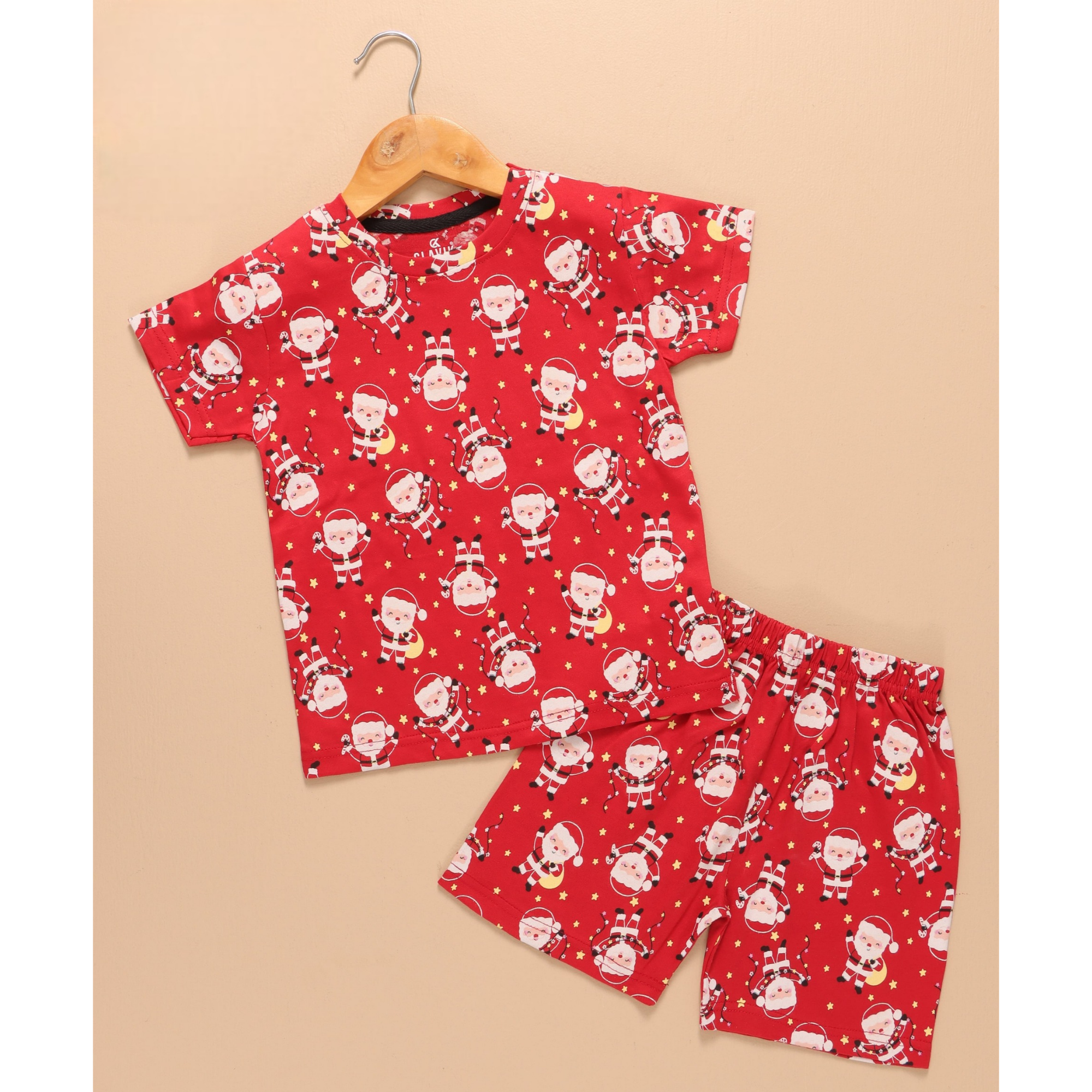 Kids Unisex Pure Cotton T-Shirt & Shorts Set – Red Santa Claus Print