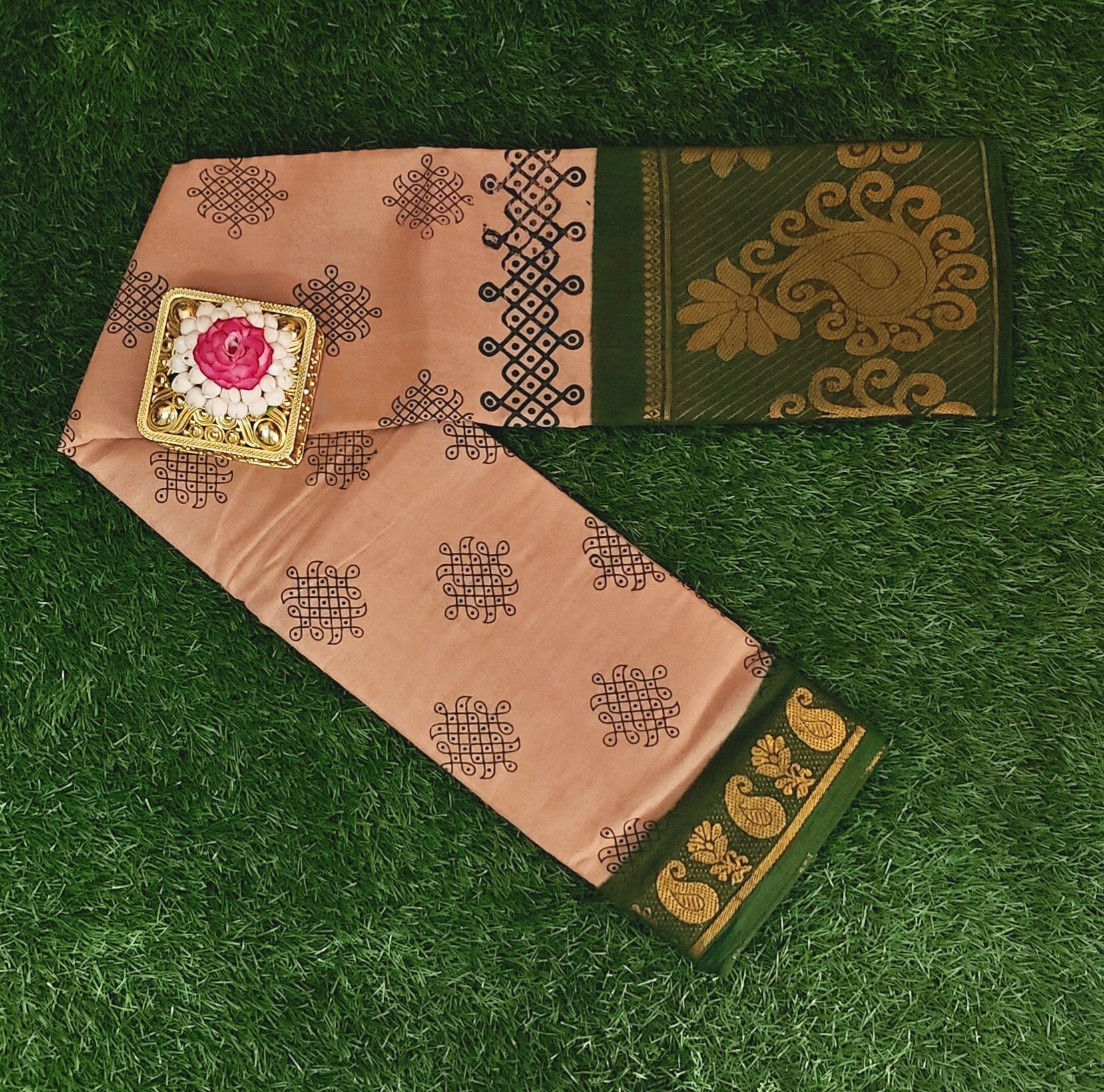 Peach Sungudi Cotton Saree with Bottle Green Border