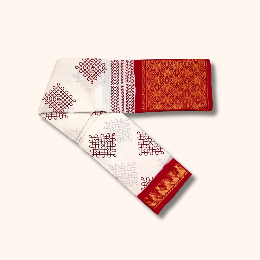 White Kolam Sungudi Cotton Saree with Geometric Border