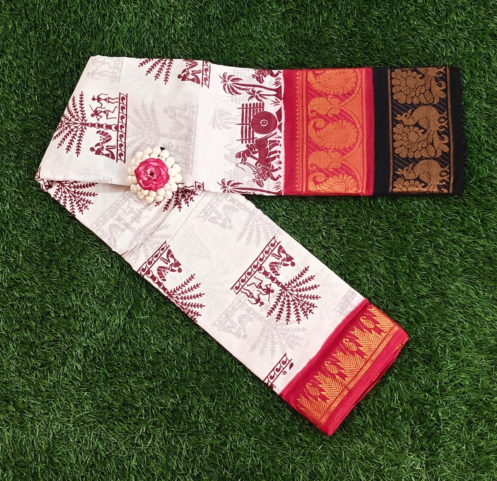 Off-White Sungudi Cotton Saree with Tribal Motifs & Maroon Border
