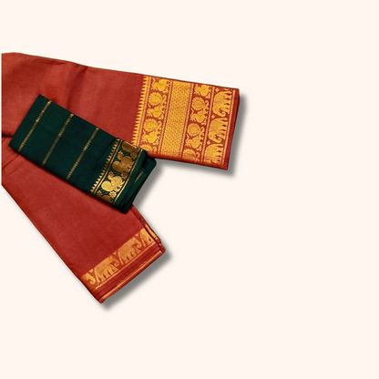 Terracotta Red Pure Cotton Saree with Dark Teal Contrast Blouse