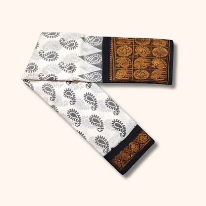 White & Black Printed Cotton Saree with Elephant Border