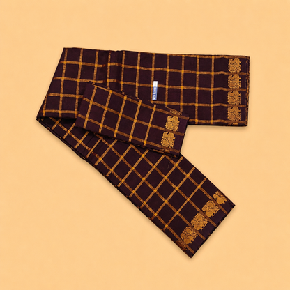 Dark Chocolate Brown Pavithra Kattam Cotton Saree with Gold Elephant Border