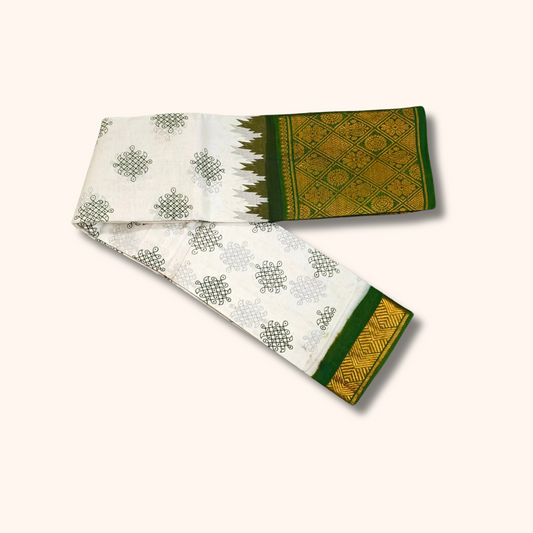 Cream Sungudi Cotton Saree with Bottle Green Diamond Zari Border
