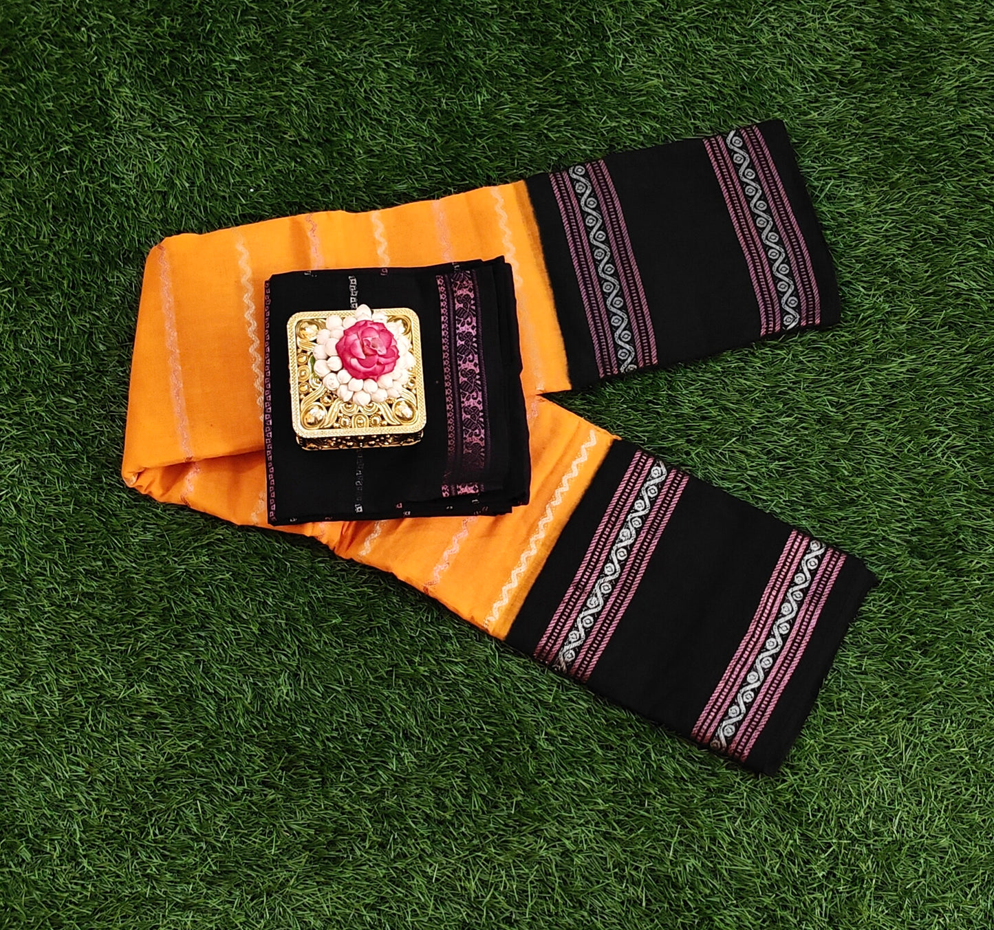 Orange Cotton Saree with Separate Black Blouse Sungudi saree