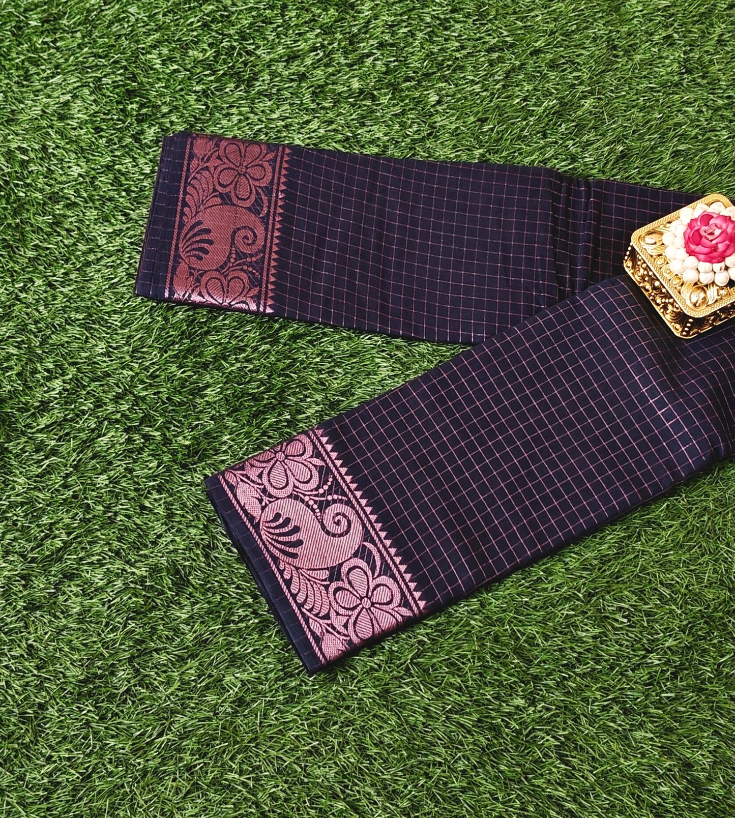 Navy Blue Cotton Saree with Checks Pattern & Copper Zari Border