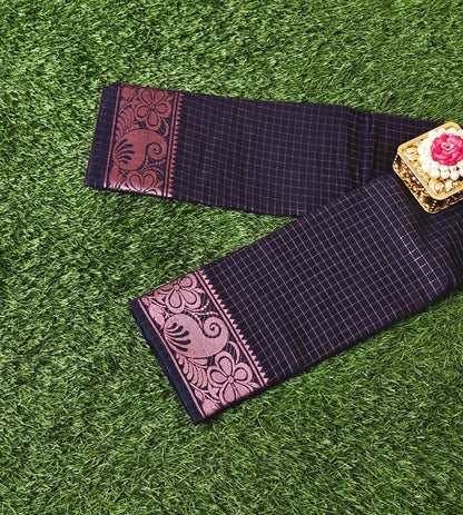 Navy Blue Cotton Saree with Checks Pattern & Copper Zari Border