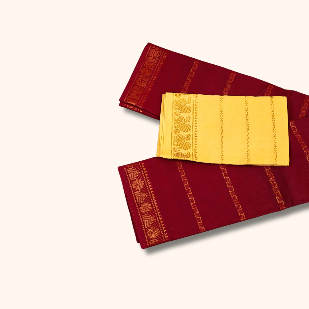 Maroon Cotton Saree with Cream Contrast Blouse & Elephant Zari Border