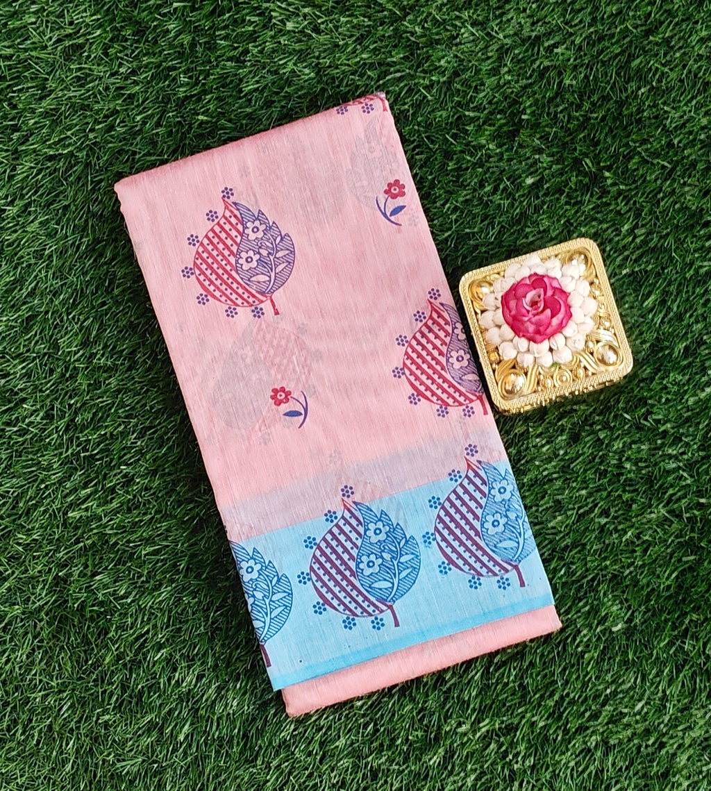 Blush Pink with Sky Blue Border South Indian Pure Cotton Printed Saree