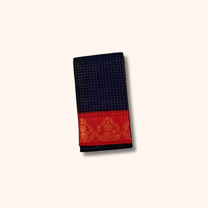 Dark Navy Blue Sungudi Cotton Saree with Red Zari Border