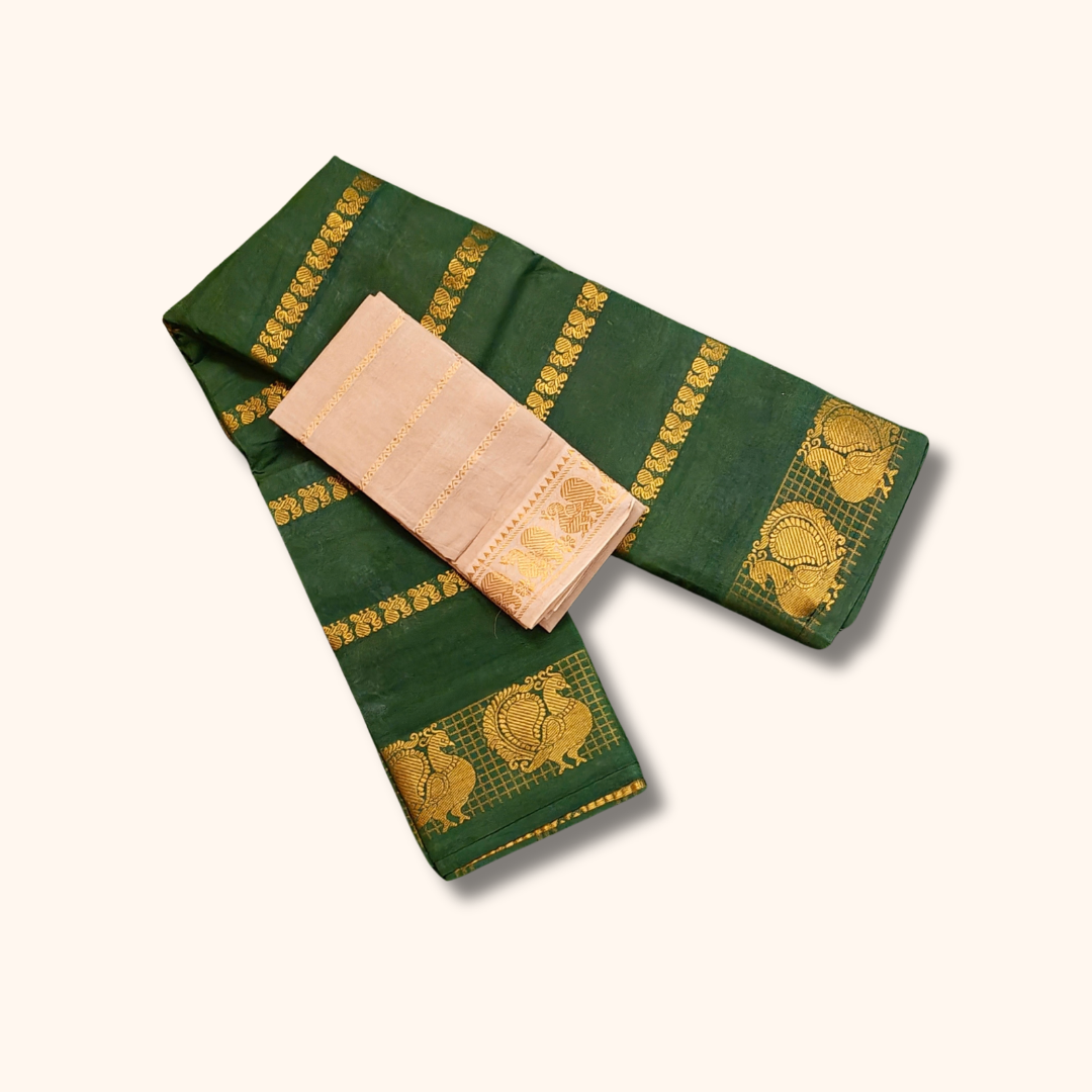 Dark Green Cotton Saree with Gold Zari Stripes & Peacock Border – Separate Beige Blouse Piece