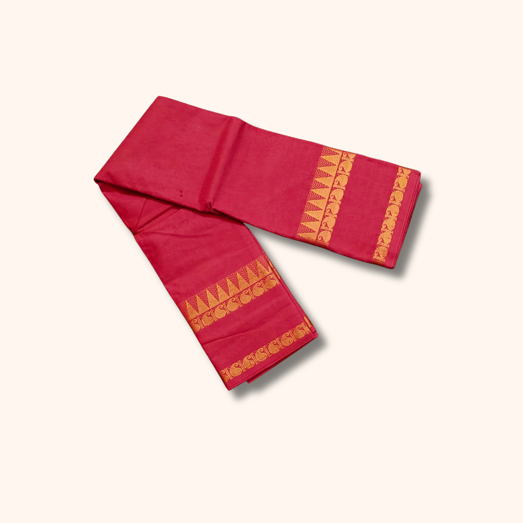 Red Cotton Saree with Gold Zari Stripes & Traditional Border – Running Blouse Included