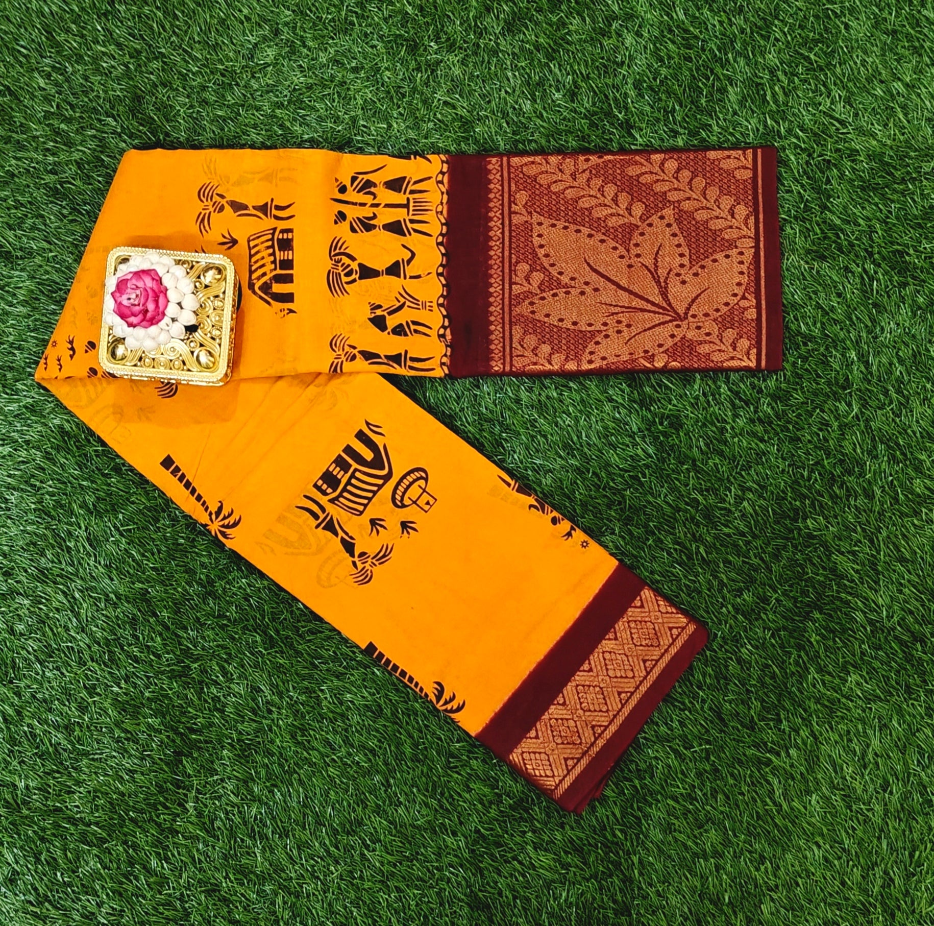 Mustard Yellow Printed Cotton Saree with Traditional Maroon Border